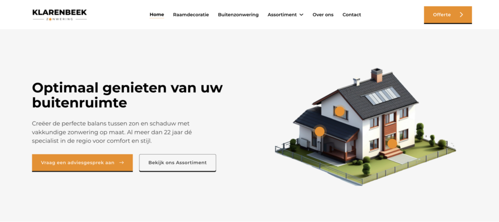 Mockup van de ecommerce website van Klarenbeek Zonwering, volledig custom gebouwd op WooCommerce met product configuratoren en complexe berekeningen, door Jacobs Digital Media & IT
